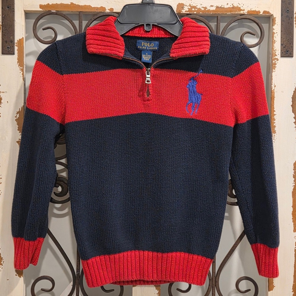 Polo Ralph Lauren Boys Size 5 Half Zip Sweater Blue Red Striped Big Pony Patch